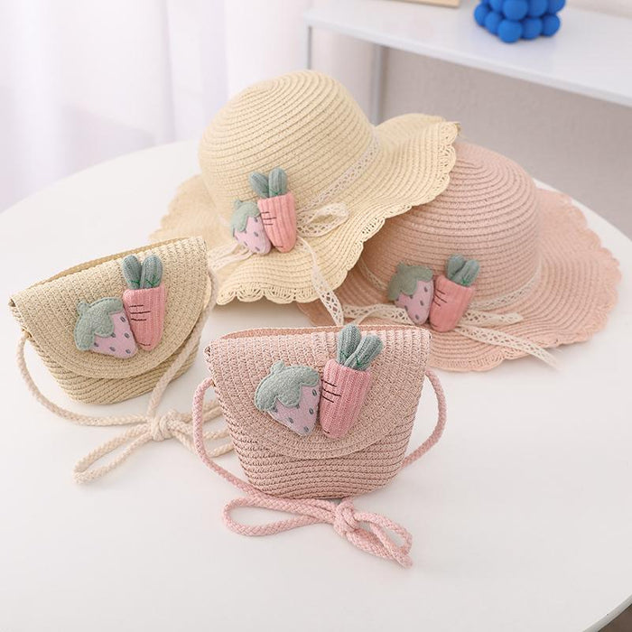 Cute Strawberry Radish Children's Wavy Straw Hat Bag Set