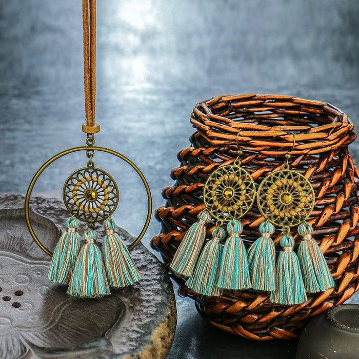 Bohemian Necklace Earring Set Handmade Tassel Hollowed Out Pendant