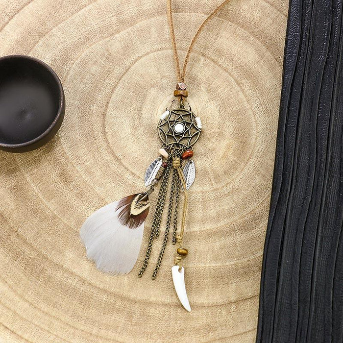 Boho Vintage Feather Tassel Dream Catcher Necklace