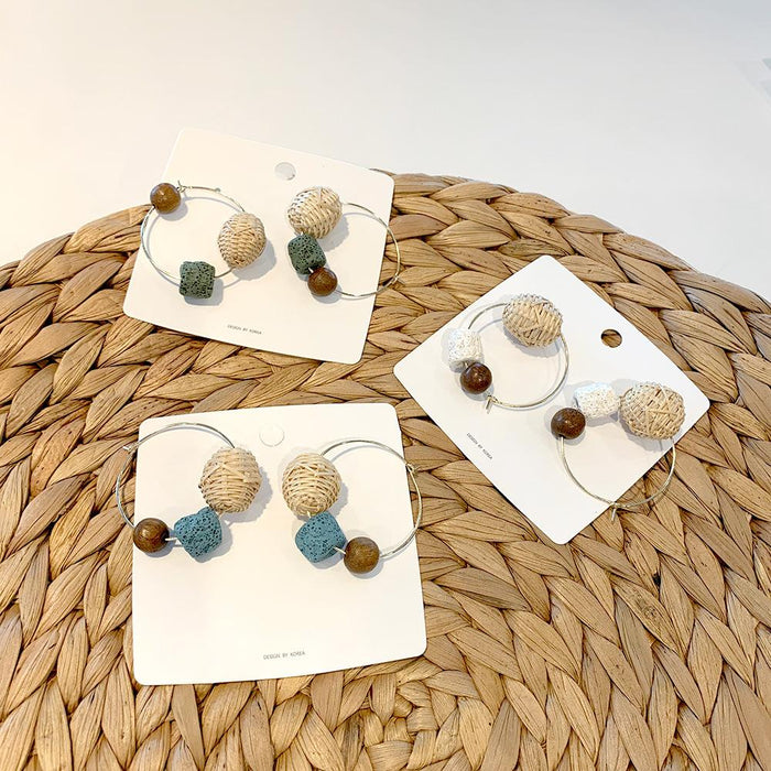 Contrast colour Retro Wood Bead Stone Rattan Earrings