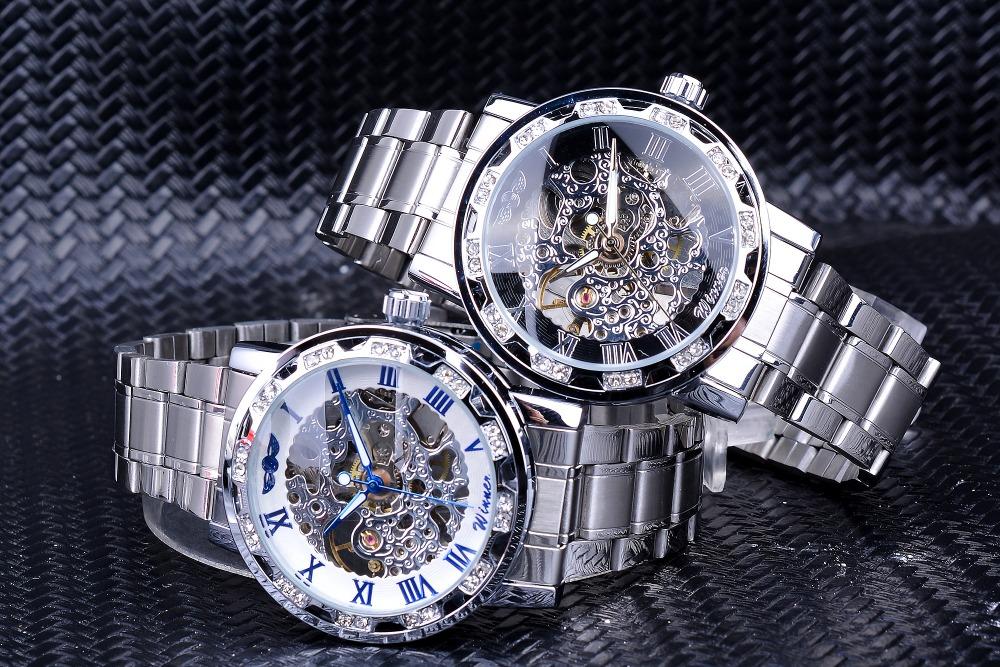 Winner Watch Men's Fashion Casual Hollow Rhinestone Manual Mechanical Watch