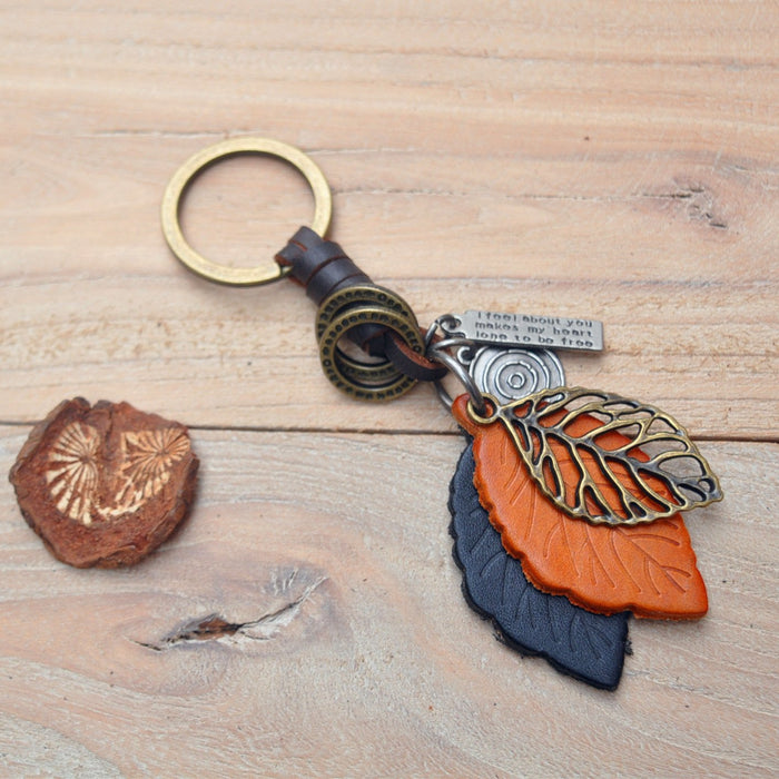 Creative key chain men's and women's small gift leather leaf Vintage woven key chain