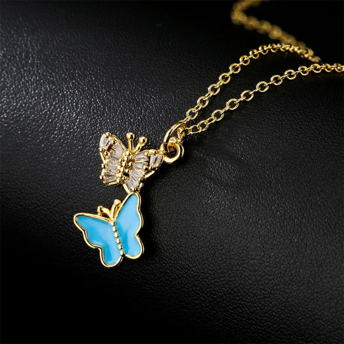 Fashion Personality Two Butterfly Pendant Zircon Gold Color Necklace