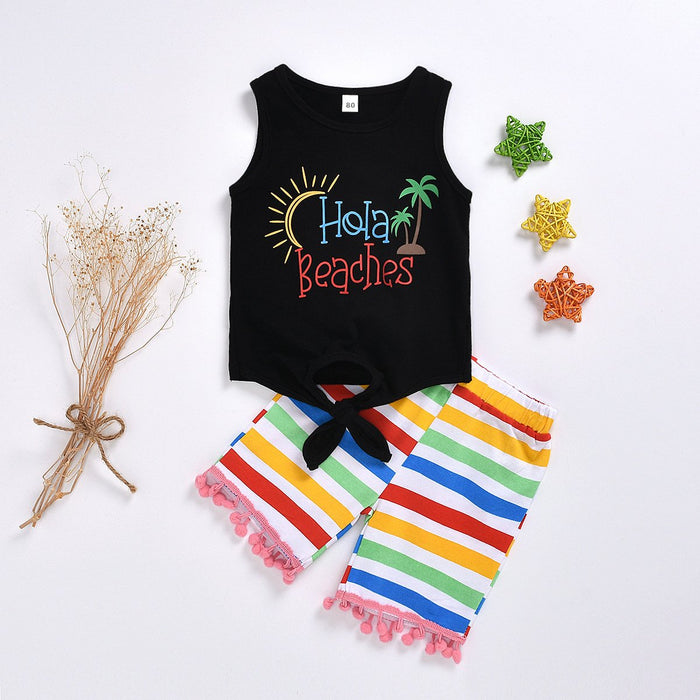 Sleeveless vest letter print top Rainbow Stripe fashion tassel shorts