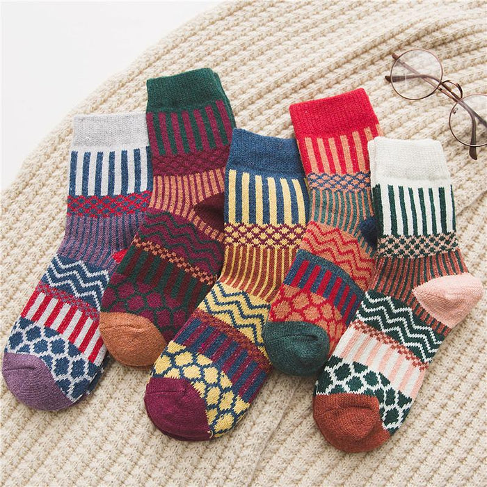 5 Pairs Winter Thick Warm Wool Women Cross Flower Socks