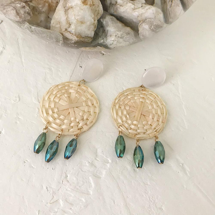 Summer Vacation Water Drop Circular Rattan Earrings