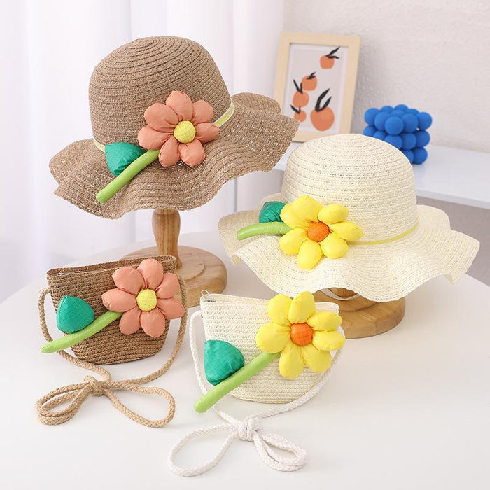 Trendy Three-dimensional Five-petal Flower Children's Wavy Straw Hat Bag Set