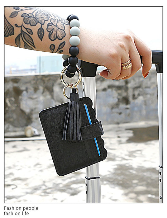 Silicone Leather PU Tassel Card Bag Bracelet Keychain