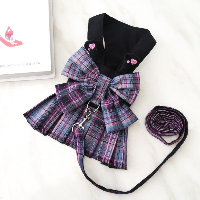 College Plaid Dog Dresses Harness Leash Suit Pet Clothes