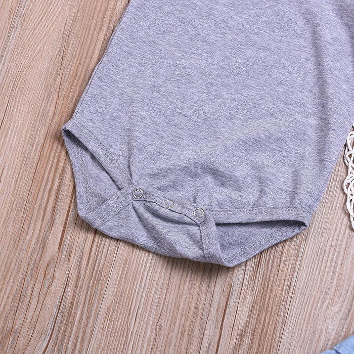 Girls' small flying sleeve khakis imitation denim waist pants hair hoop three piece set