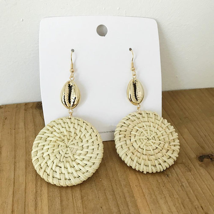 Geometric Solid Circular Hand Woven Conch Earrings