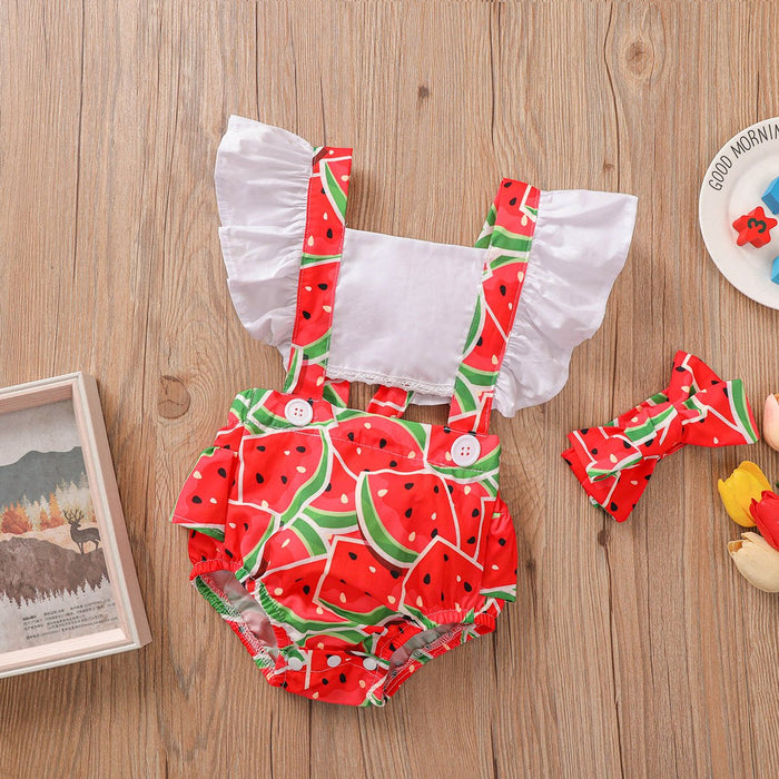 Watermelon strawberry printed baby backless lace up climbing suit two piece set