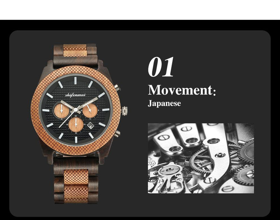 New Fashion Simple Men's Multifunctional Three Needle Wooden Watch