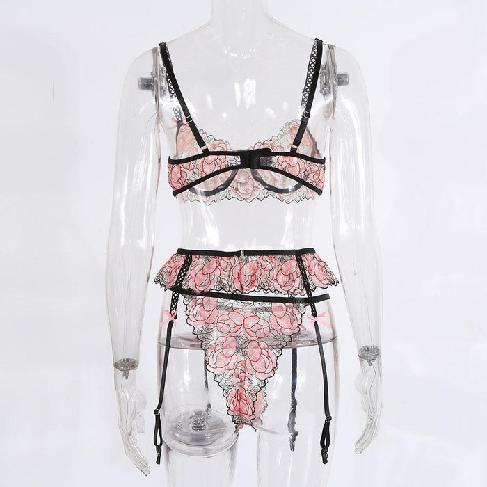 Women's Embroidered Underwear Three Piece Set Sexy Lingerie