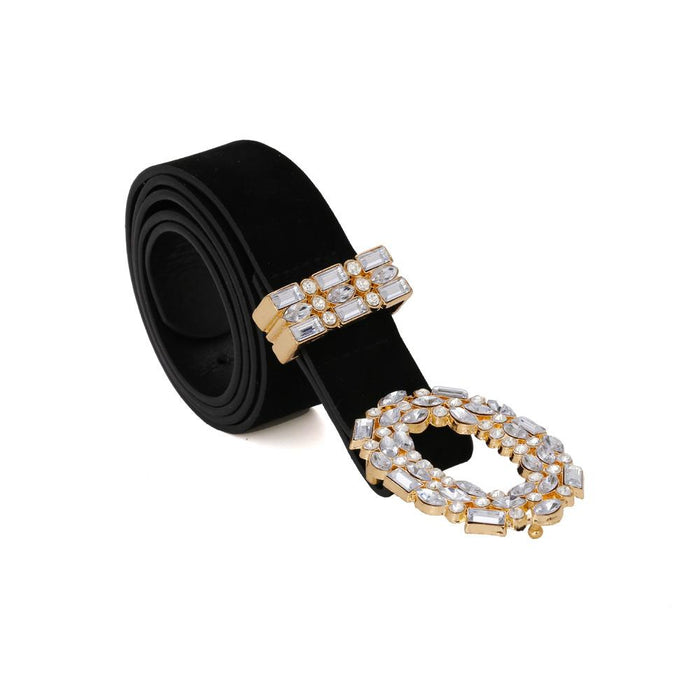 Hollow out alloy diamond studded belt snap suede belt