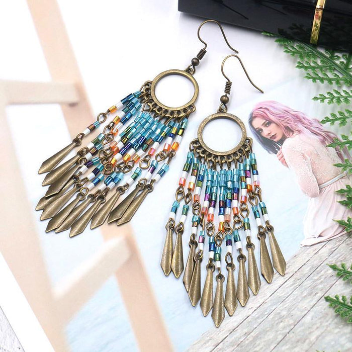Women's Bohemian Round Hollow Bead Tassel Earrings