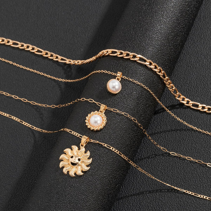 Mix and match multi-element temperament sunflower Pearl Pendant Necklace