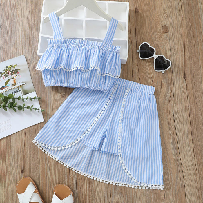 Suspender sky blue double layer tassel ball top striped skirt pants two pieces