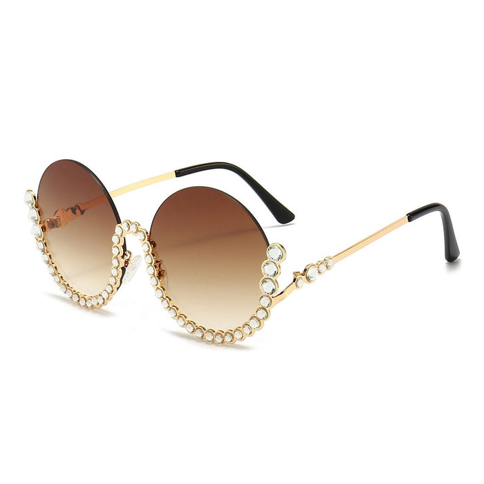 Round half frame metal Rhinestone Sunglasses