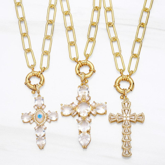 Personality Exaggerated Zircon Inlaid Cross Pendant Necklace