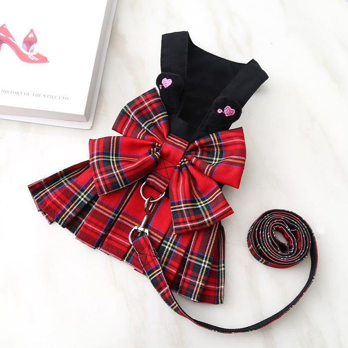 College Plaid Dog Dresses Harness Leash Suit Pet Clothes