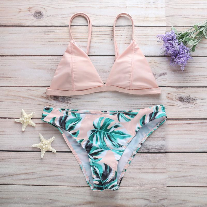 Sexy Green Leaf Printed Beach Split Swimsuit Bikini Swimsuit