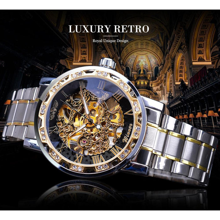 Winner Watch Men's Fashion Casual Hollow Rhinestone Manual Mechanical Watch