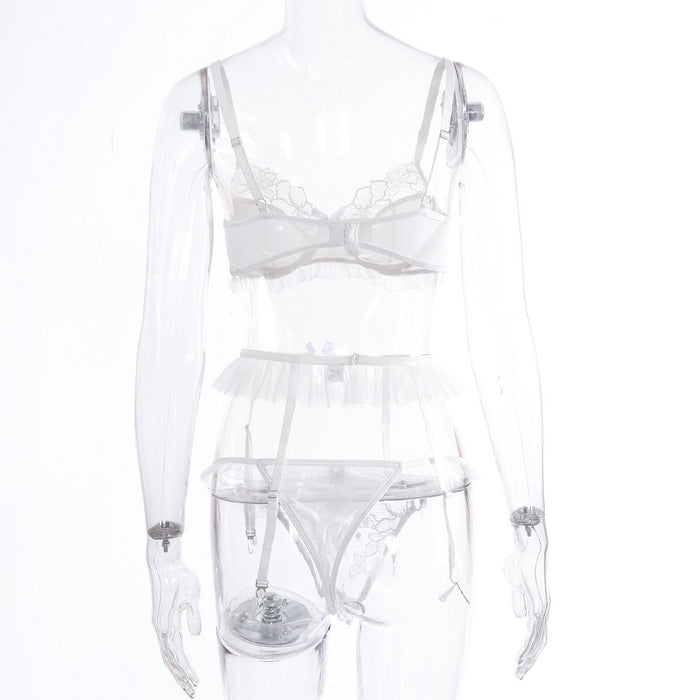 Women Lace Stitching Lingerie Mesh Underwear Three-piece Set