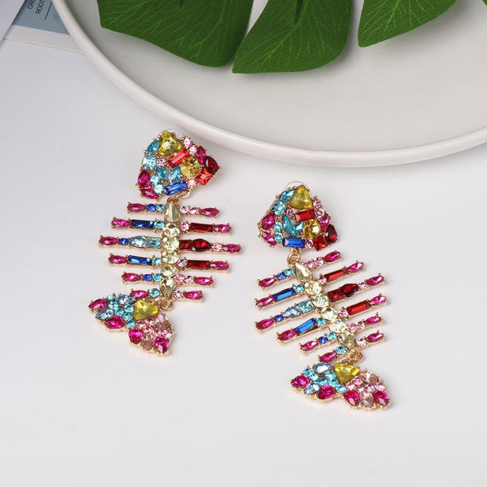 Women's Jewelry Personalized Fishbone Earrings Accessories Inlaid Rhinestone