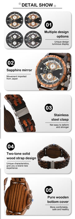 New Men's Business Multifunctional Luminous Large Dial Wooden Quartz Watch