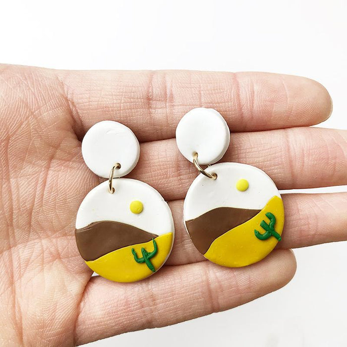 Cactus Western Style Desert Sun Soft Pottery Handmade Earrings