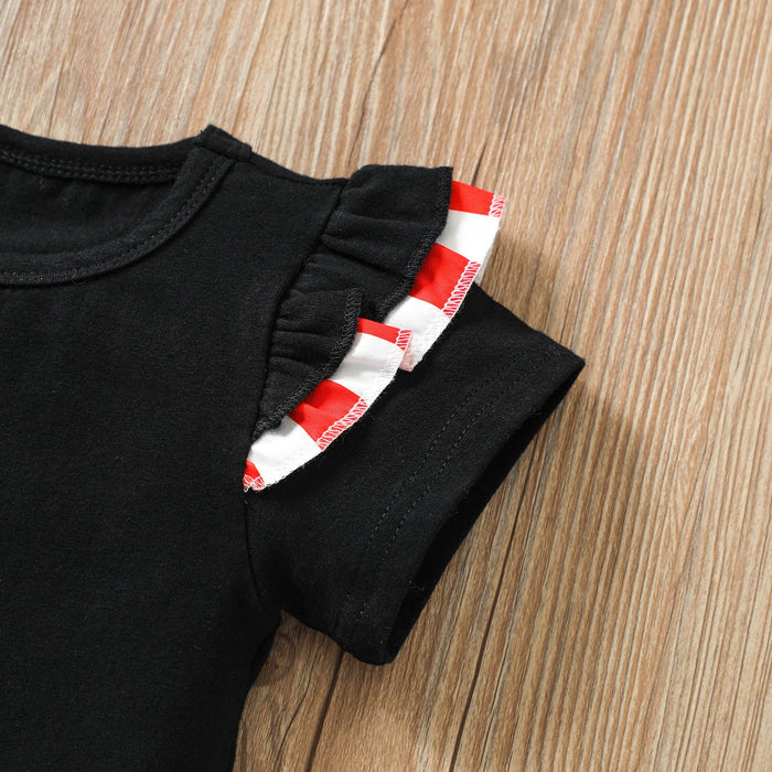 Black short sleeve triangular Khaki striped shorts bow