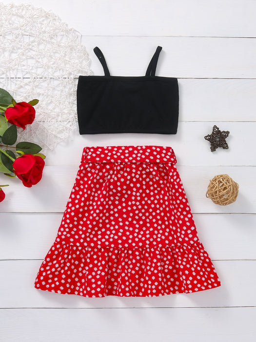 Suspender Jacket Red Floral Lace Skirt A-line skirt two-piece girls' skirt