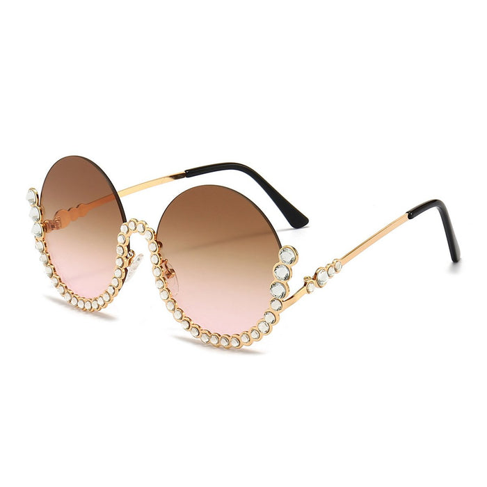 Round half frame metal Rhinestone Sunglasses