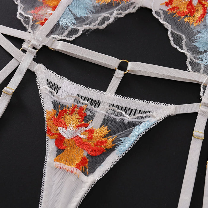 Women's Sexy Embroidered Mesh Garter Lingerie Set