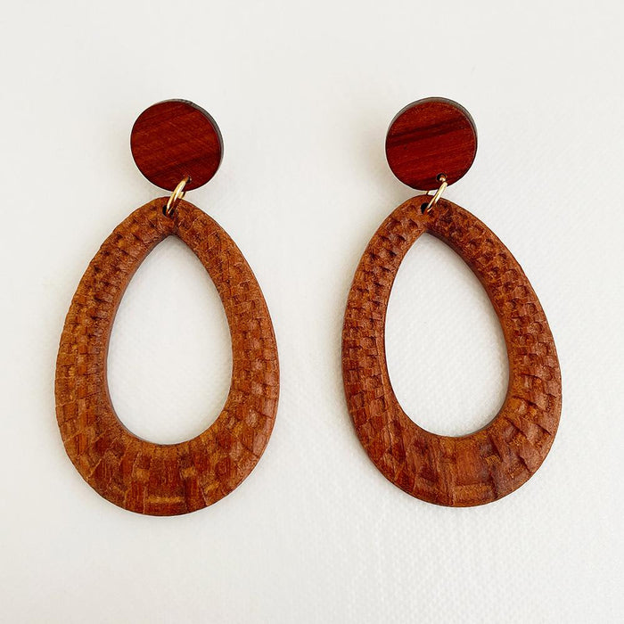 Vintage Log Bohemian Style Hollow Solid Wood Water Drop Earrings Jewelry