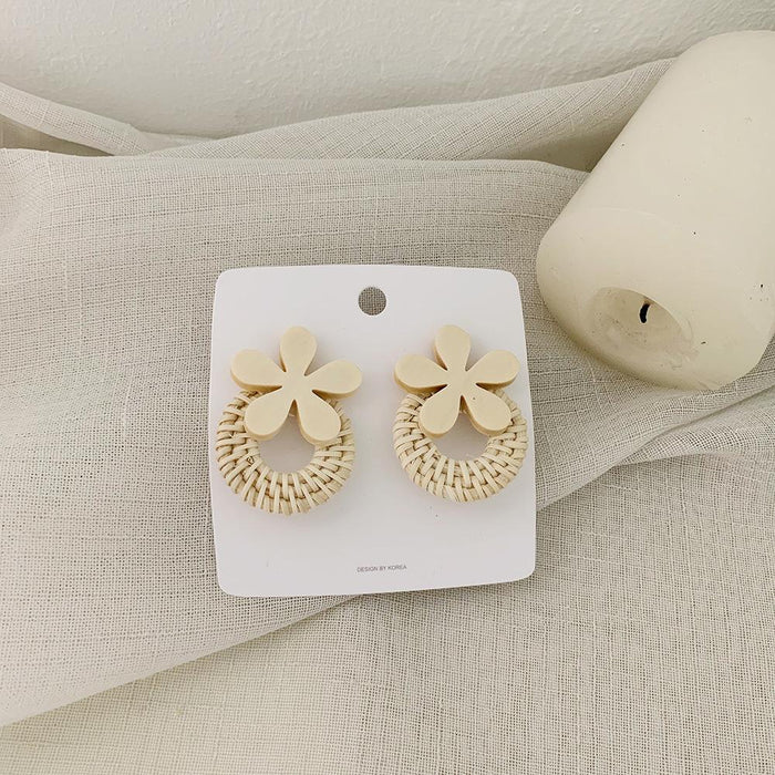 Wooden Flowers Exaggerated Temperament Rattan Long Earrings Jewelry