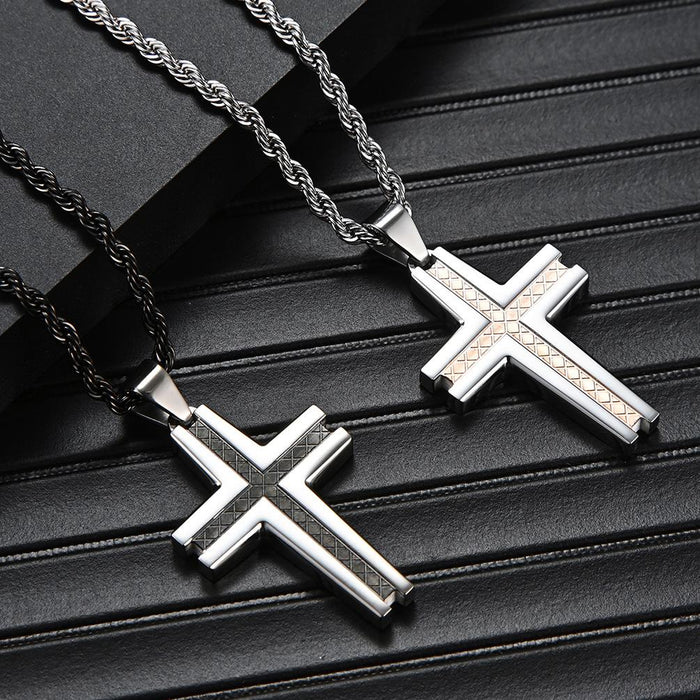 Carved Checkered Stainless Steel Cross Accessory Necklace