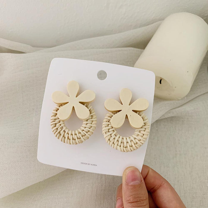 Wooden Flowers Exaggerated Temperament Rattan Long Earrings Jewelry