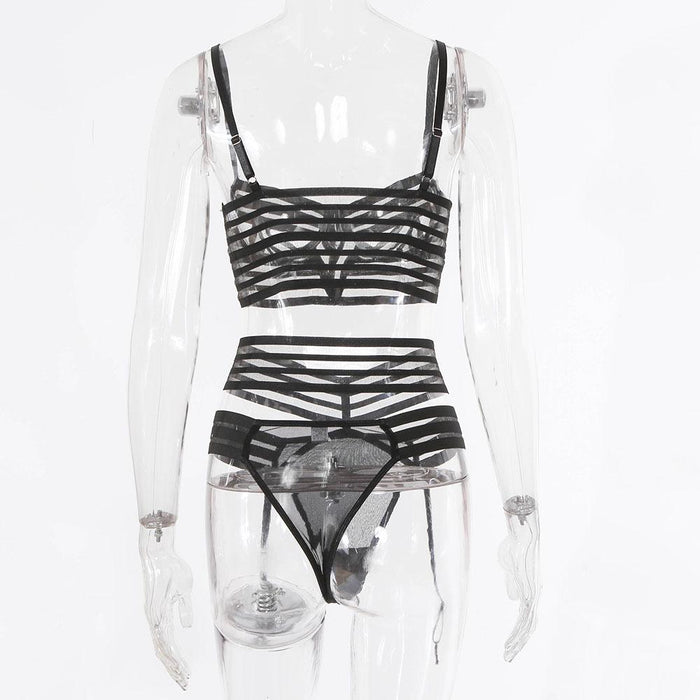 Sexy Hollow Lingerie Women Mesh Underwear Three Piece Set