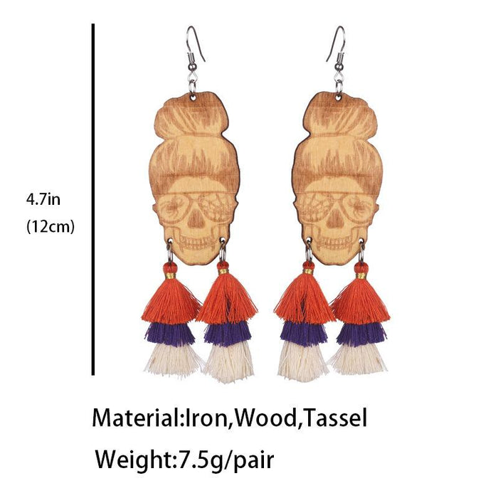 New Fringed Wooden Skull Spider Personality Lady Earrings