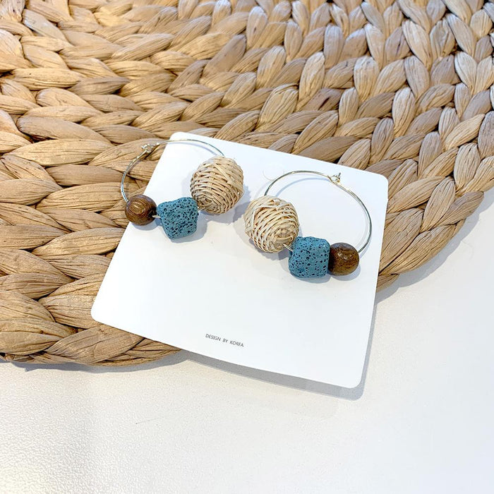 Contrast colour Retro Wood Bead Stone Rattan Earrings