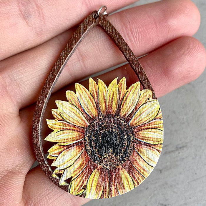 Fashion Drop Shape Sunflower Wooden Women's Earrings