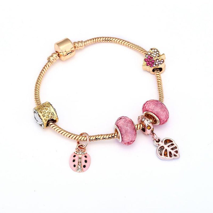 Forest Ladybug Fallen Leaf Pendant Glass Bracelet