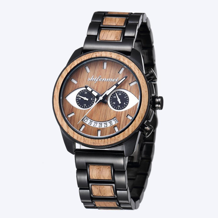 New Men's Wooden Fashion Smiling Face Steel Band Wristwatch