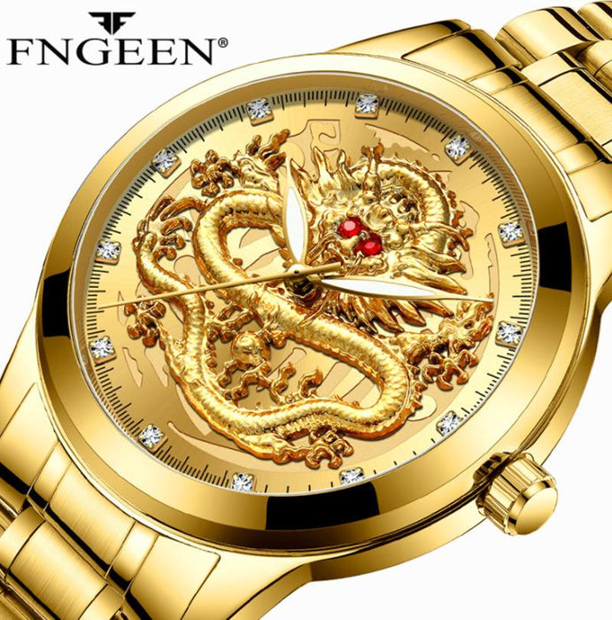 FNGEEN Brand Men Watch 3D Dragon Face Luxury Gold Male Quartz Watch