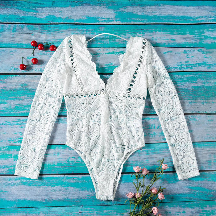 Women's Long Sleeve One-piece Underwear Lace V-neck Bodysuit