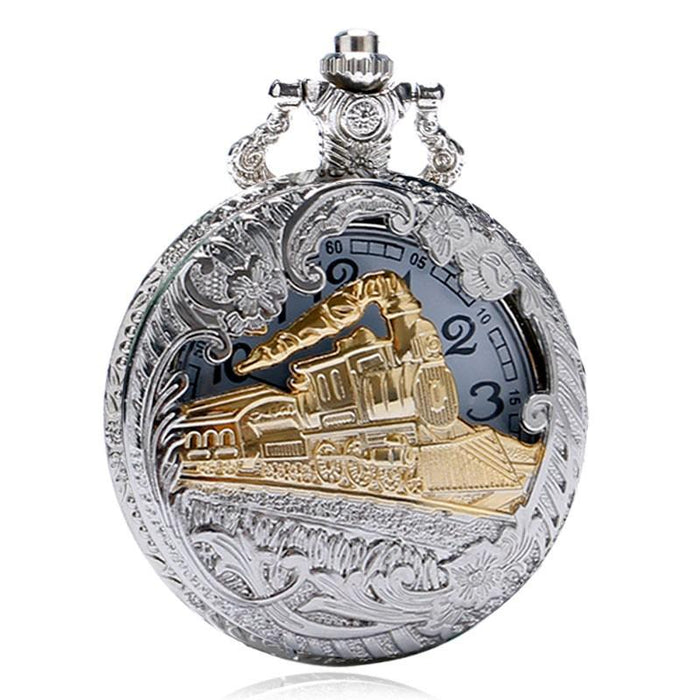 Gold Train Carved Steampunk Quartz Pocket Watch