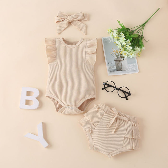 Children's wear solid color pit strip cotton sleeveless khaki shorts three piece set multicolor