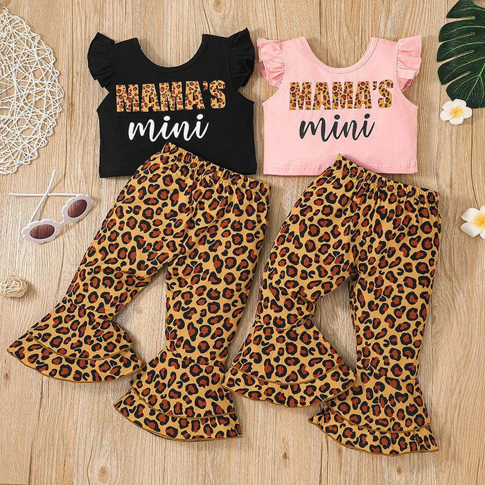 Letter flying sleeve vest leopard print two piece set